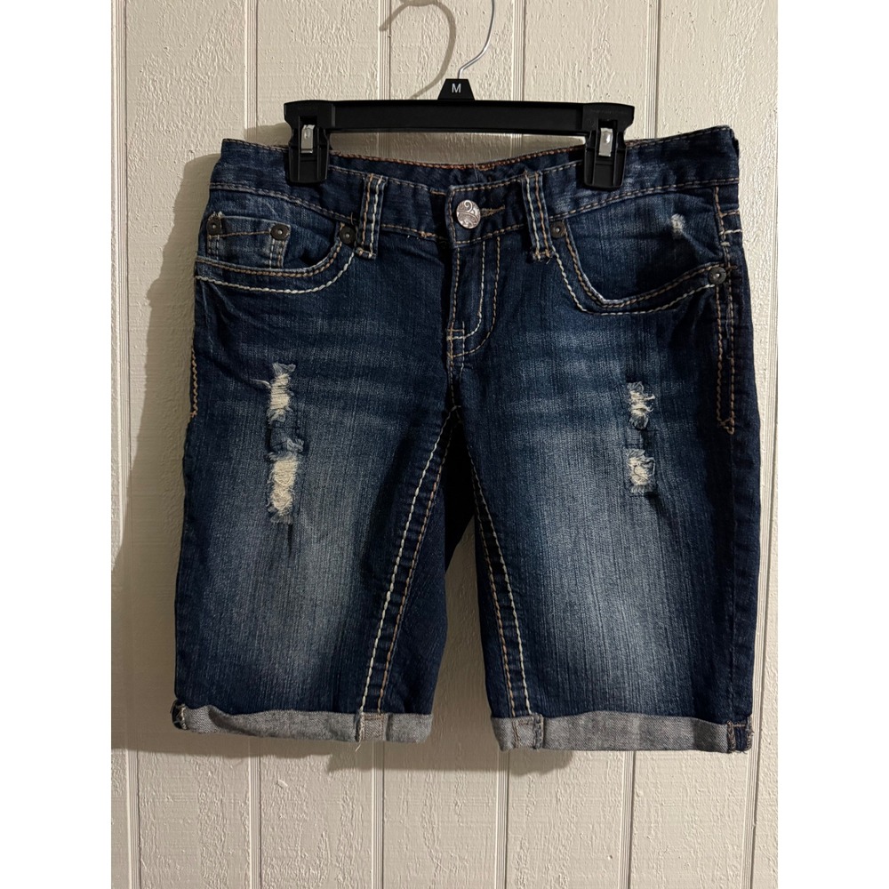Maurices Womens Dark Wash Distressed Bermuda Denim Shorts Embroidered Size 1/2